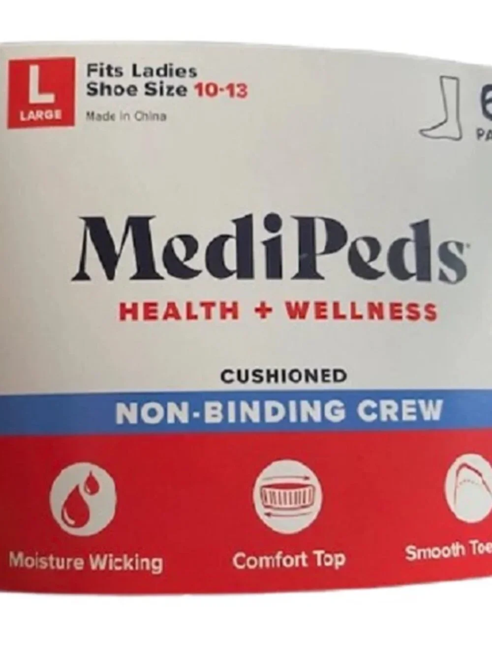 MediPeds 6 Pair Women's Cushioned Non-Binding Black Crew Socks, Shoe Size 10-13